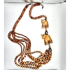 Vintage Tribal Carved Elephant Necklace MultiStrand Beads Bone Boho Statement 34